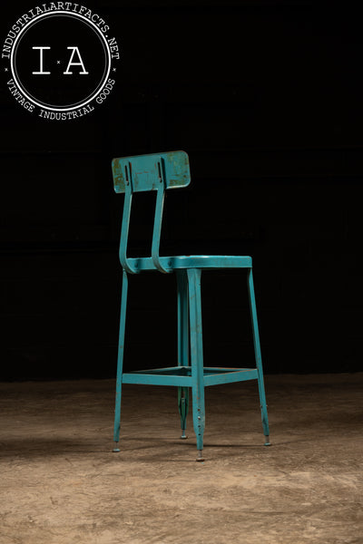 Set of Two Vintage Chippy Industrial Stools in Aqua