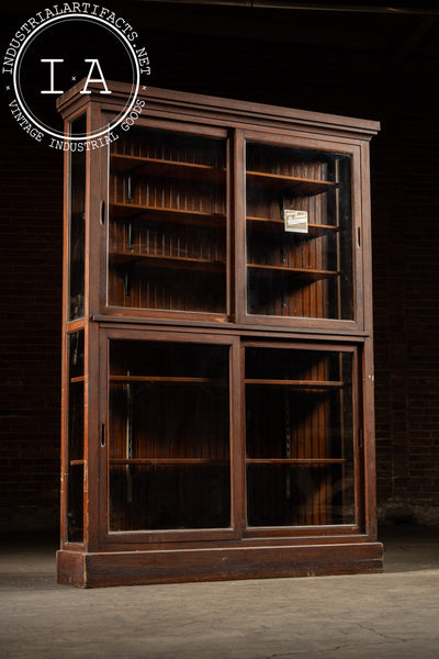Antique Quarter Sawn Oak Merchandising Showcase Cabinet with Sliding Glass Doors