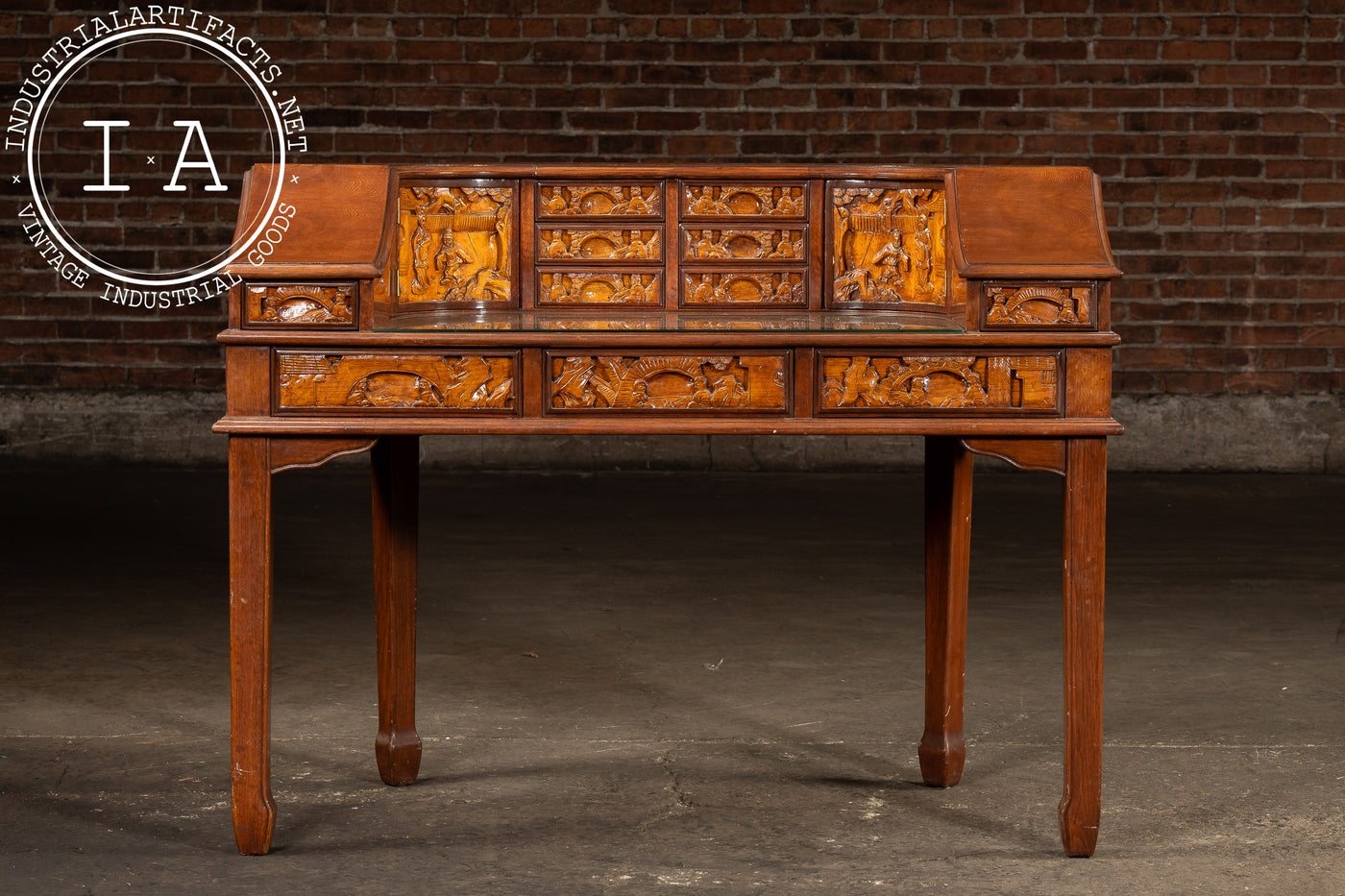 Antique Hand-Carved Chinese Scholar's Writing Desk and Chair Set