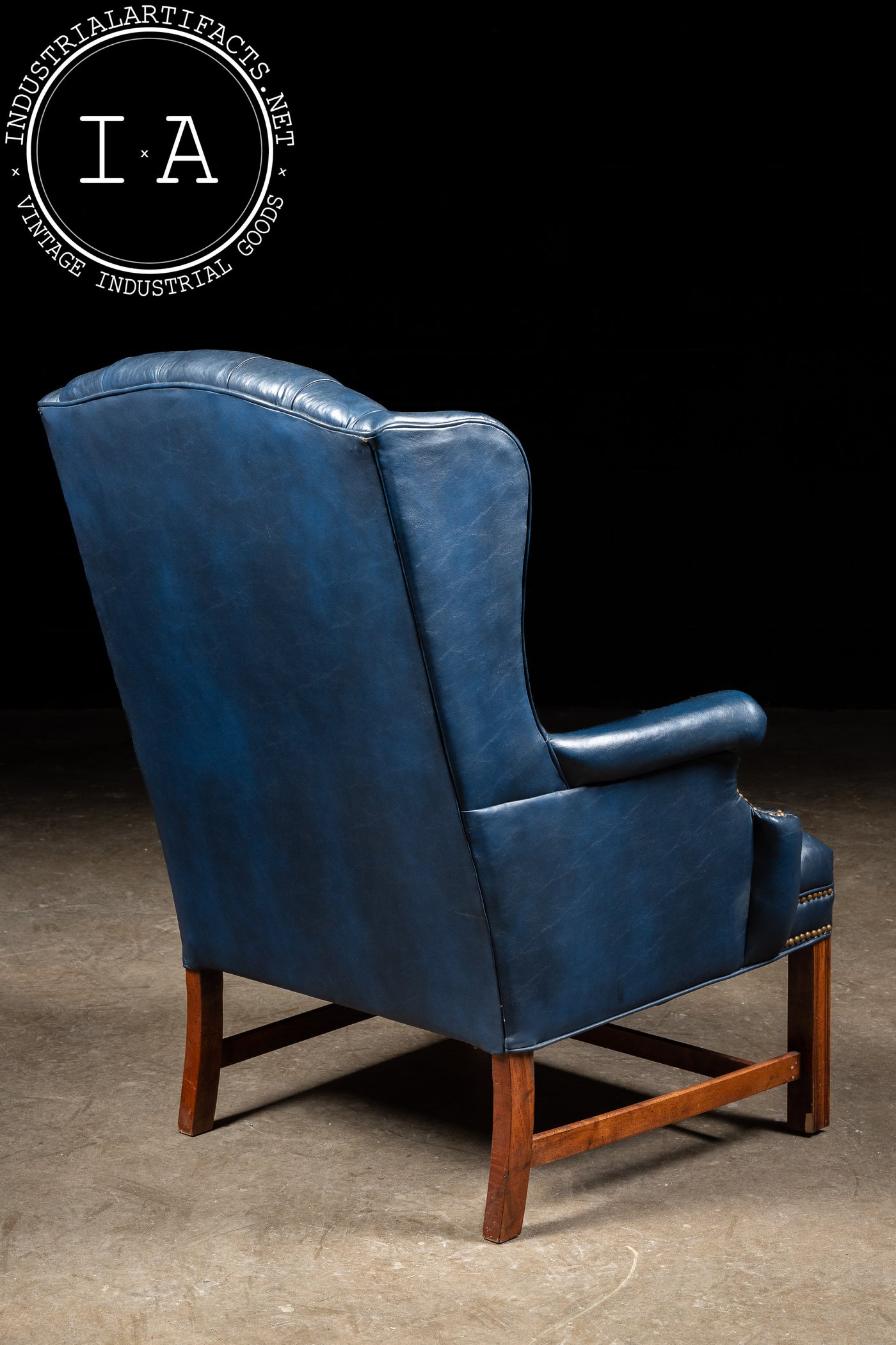 Vintage Tufted Leather Wingback Chair with Matching Ottoman in Blue