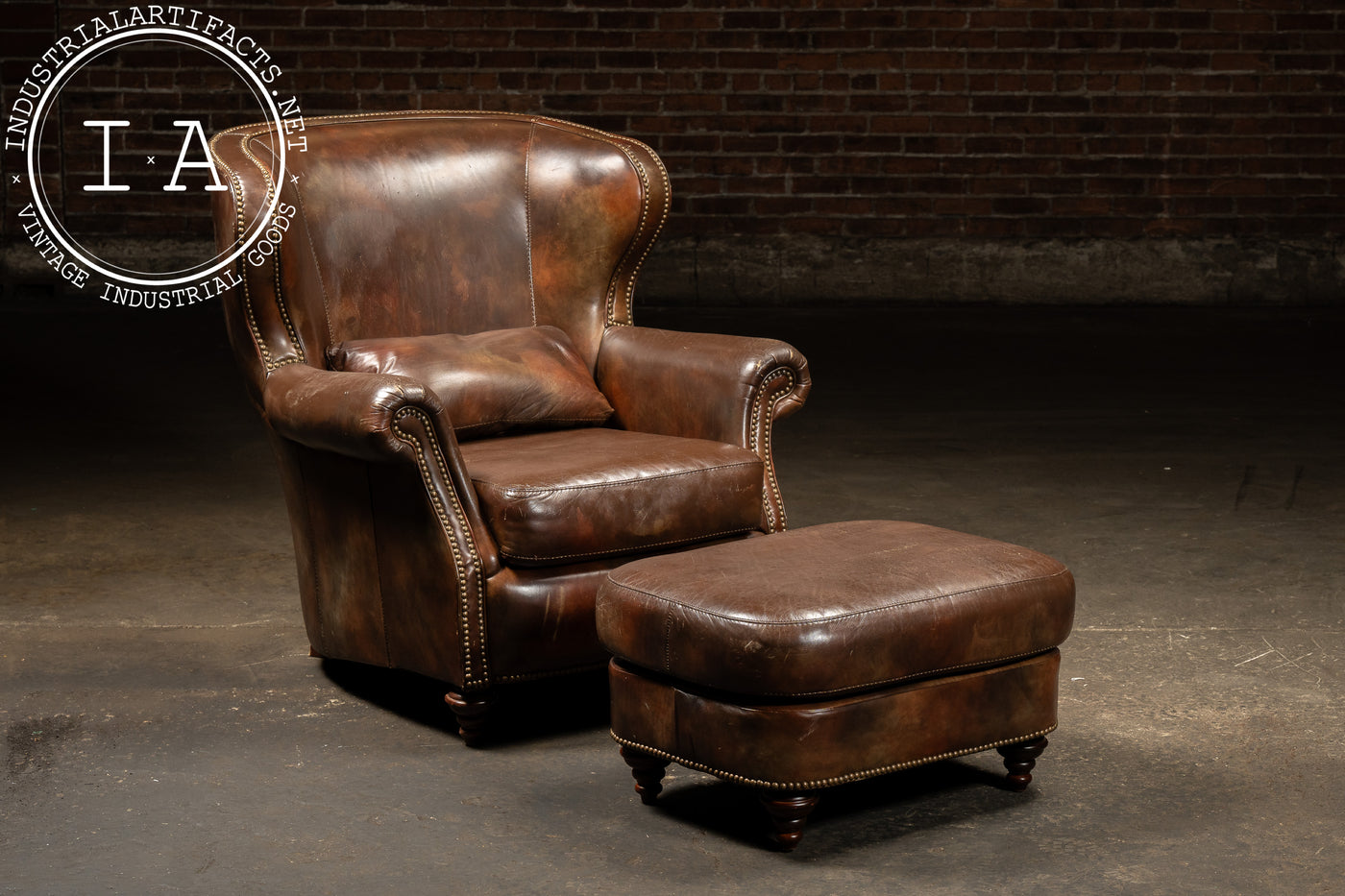 Vintage Wingback Leather Chair with Pillow, Ottoman by Walter E. Smithe
