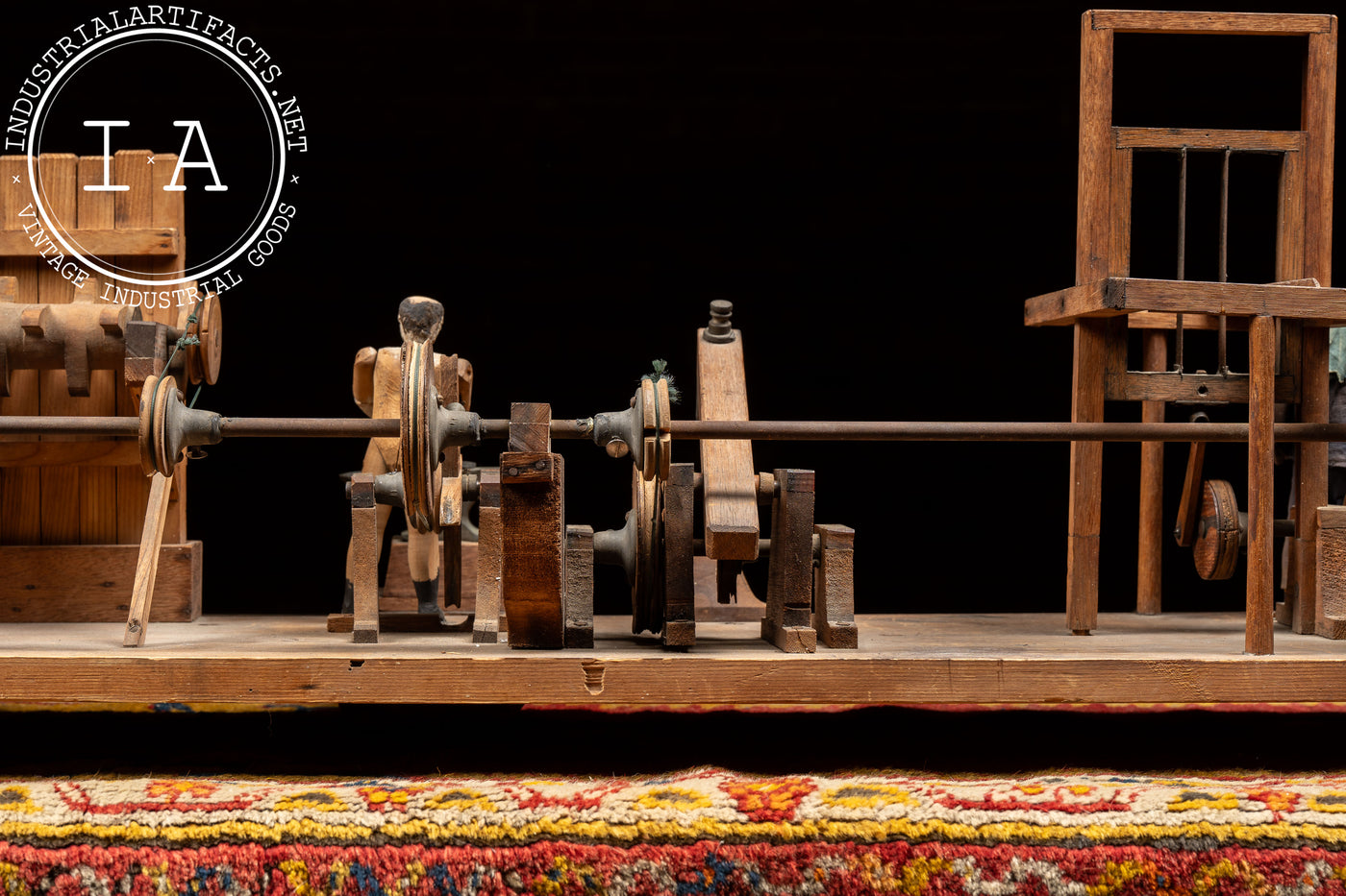Antique Hand-Crank Mechanical Wooden Folk Art Blacksmith Model