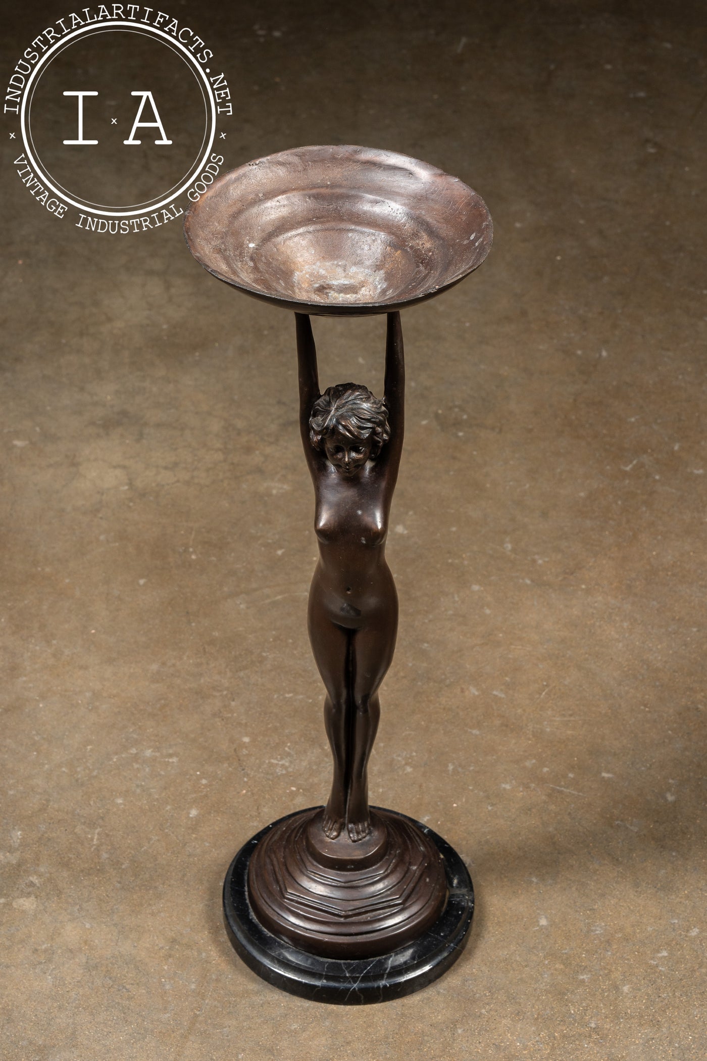 Art Deco Bronzed Spelter Nude Woman Standing Ashtray | Signed