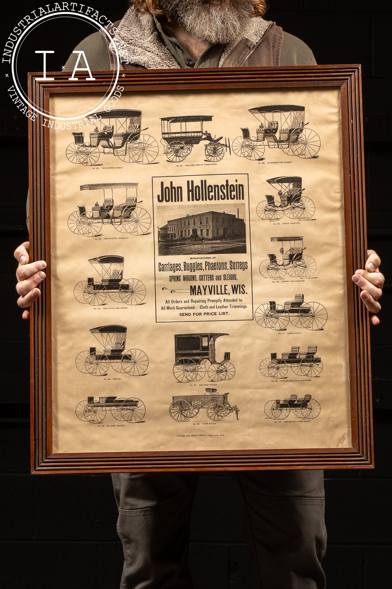 Antique John Hollenstein Carriage Factory Broadside, Framed
