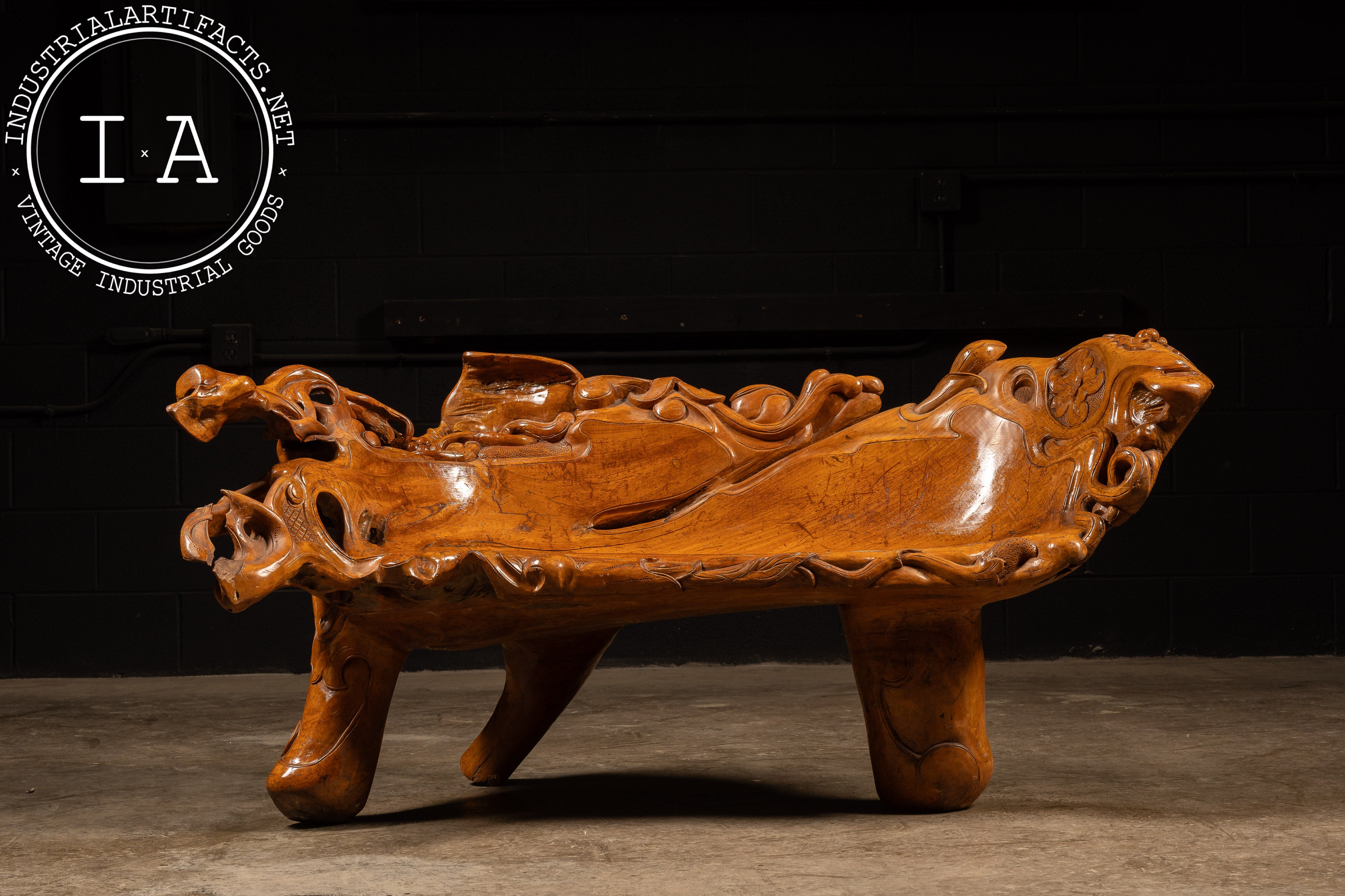 Vintage Carved Oak Burl Bench – Industrial Artifacts