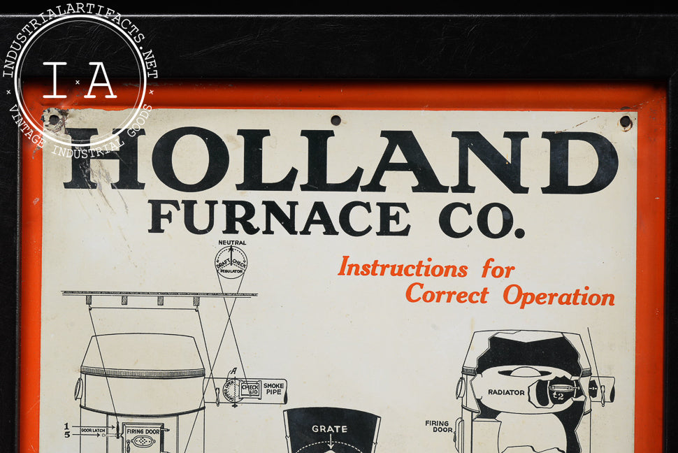Framed Holland Furnace Co. Instructional Tin Sign