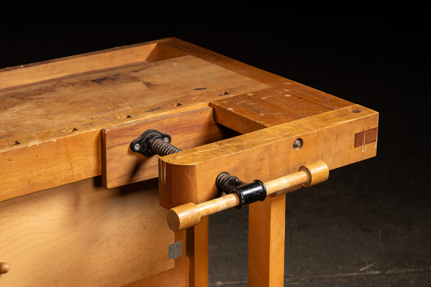 Mid-Century Maple Woodworking Bench with Dual Vises and Cabinet Storage