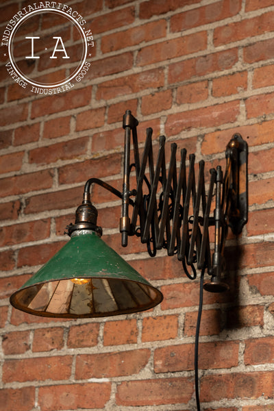 Antique Japanned Copper Scissor Arm Wall Lamp with Mirrored Art Nouveau Shade
