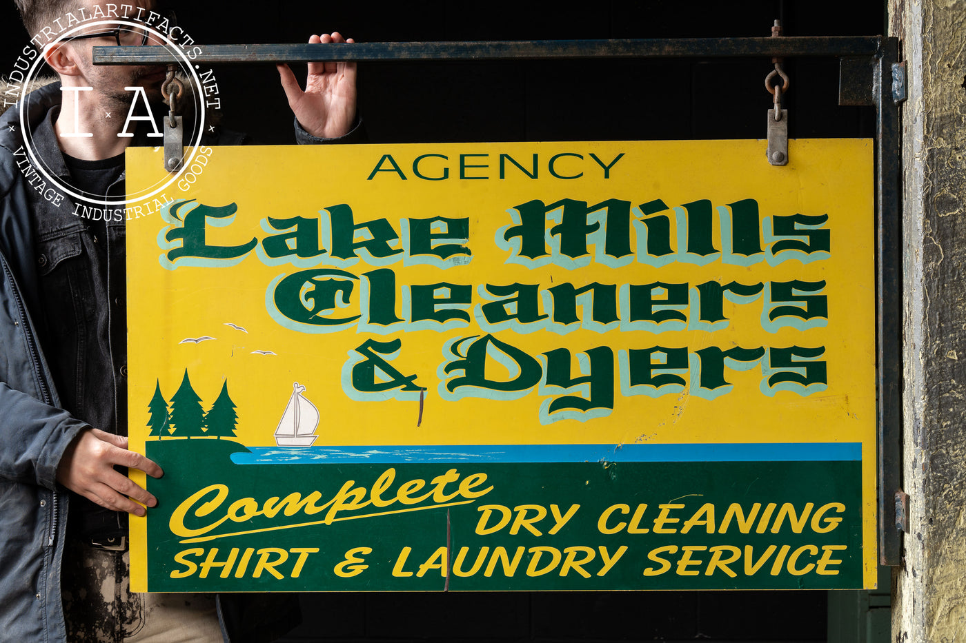 Vintage Lake Mills Cleaners Painted Tin Sign on Bracket