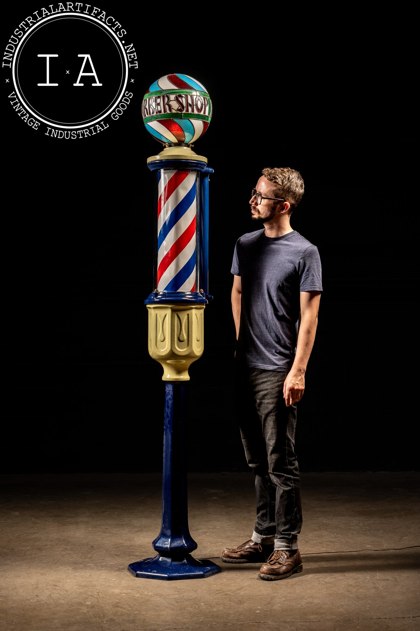 Antique Motorized Porcelain Barber Pole with Stained Glass Globe