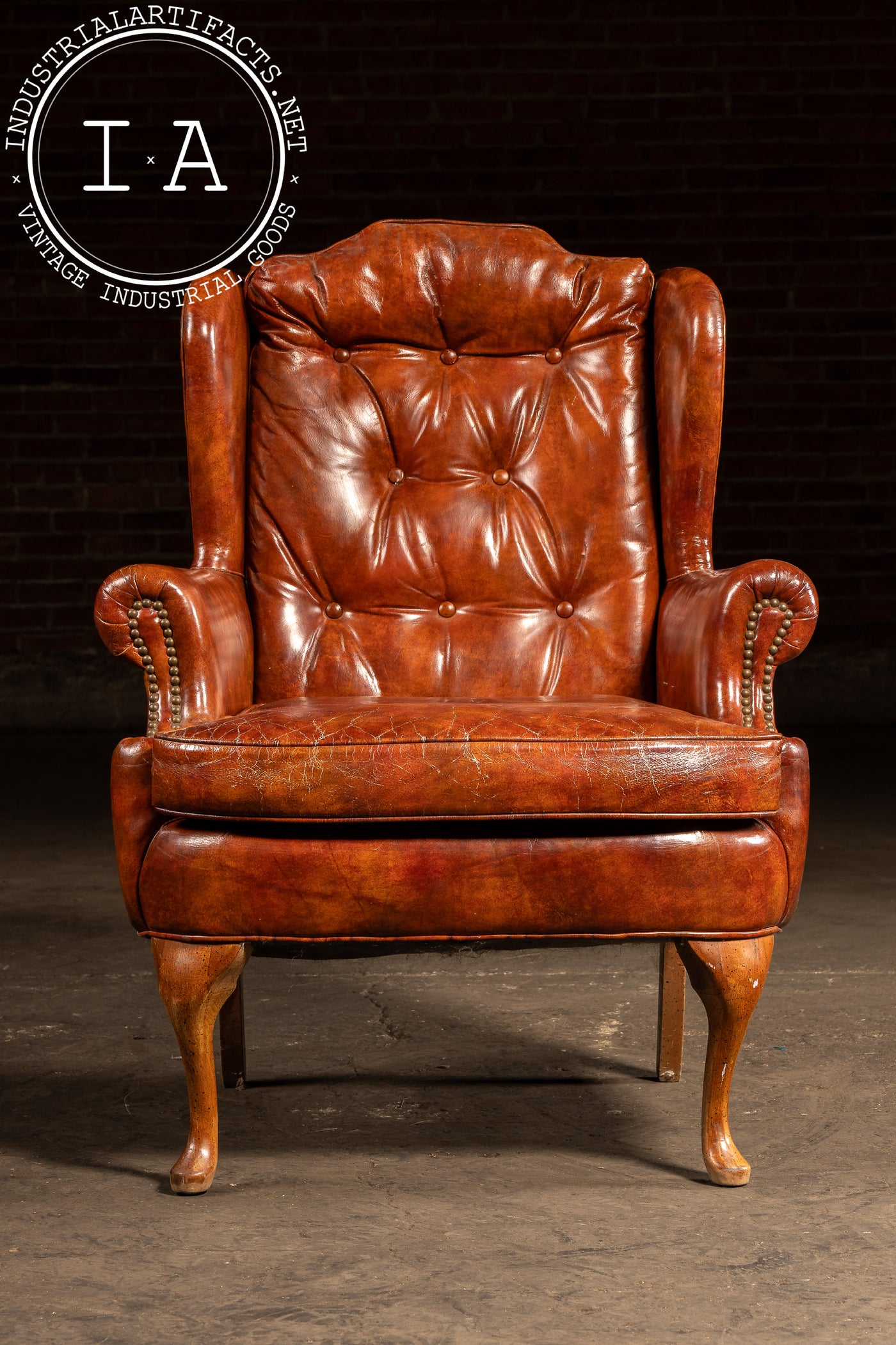 Tufted Leather Wingback Armchair in Burnt Amber