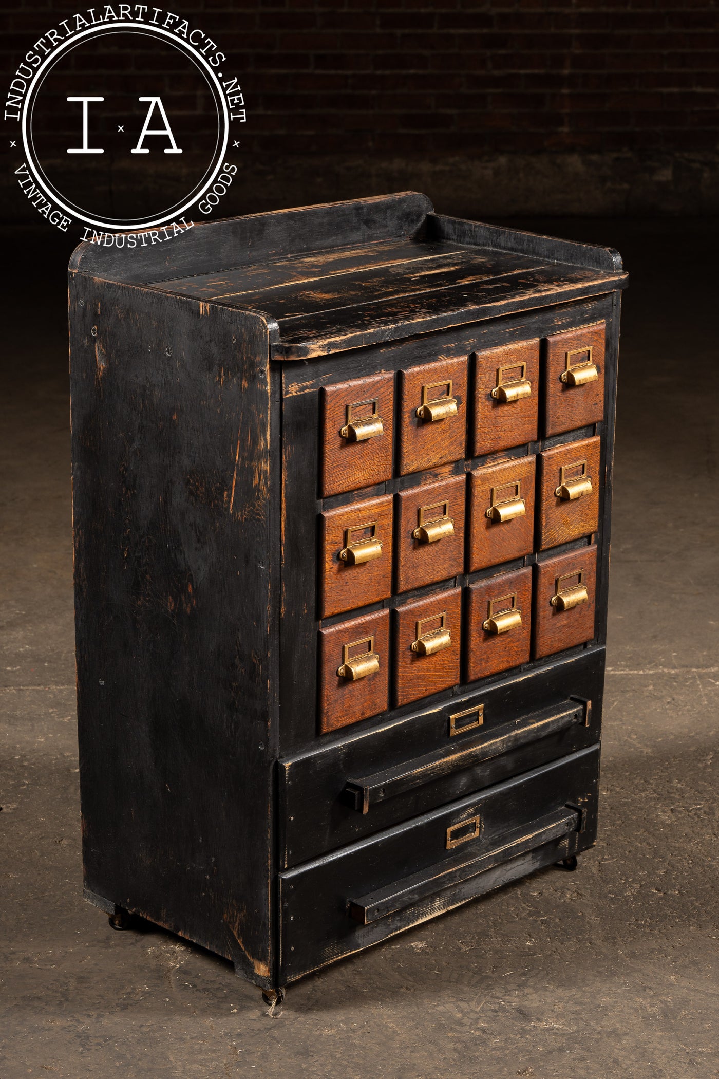 Wooden 14 Drawer Rolling Shop Cabinet in Distressed Black