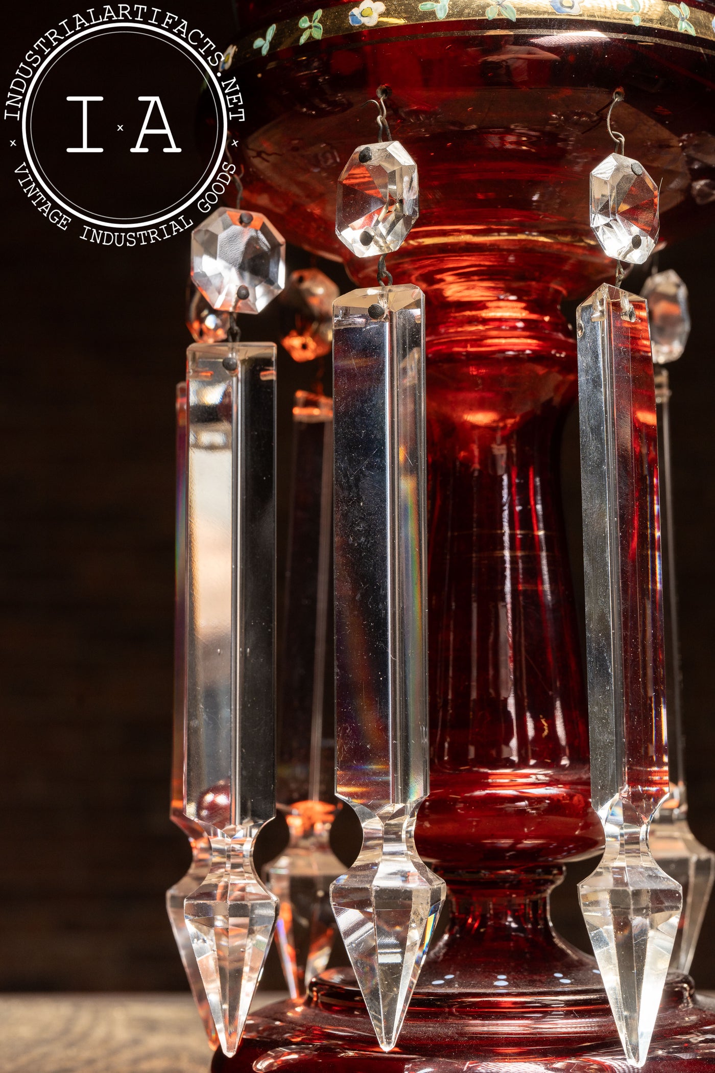 Pair of 19th Century Bohemian Ruby Glass Mantle Lusters with Prisms