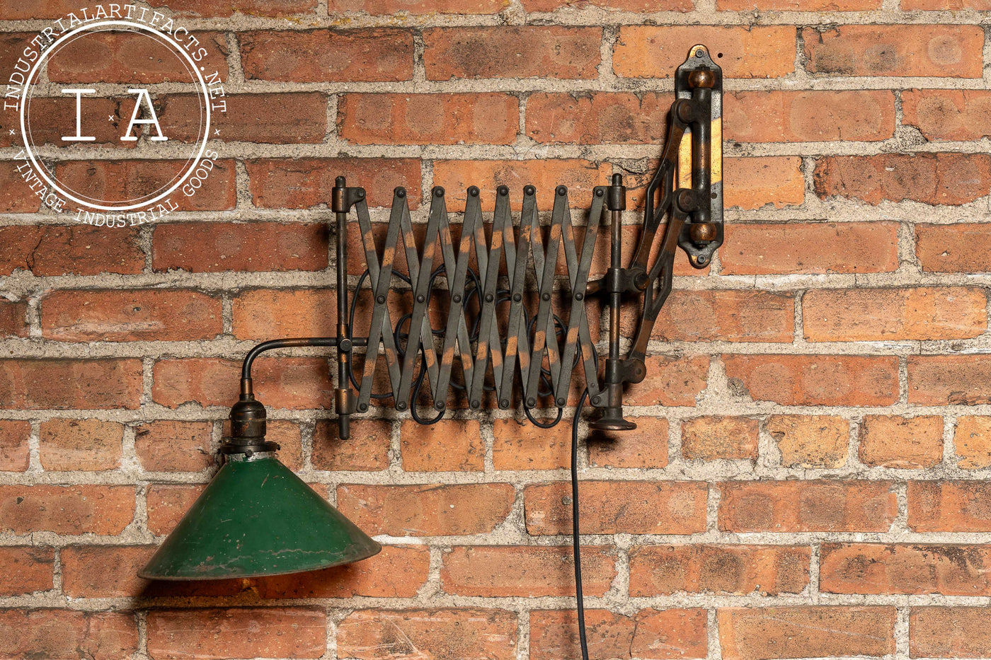 Antique Japanned Copper Scissor Arm Wall Lamp with Mirrored Art Nouveau Shade