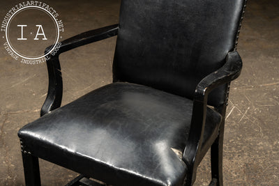 Pair Of Black Leather Revival Armchairs with Nailhead Trim