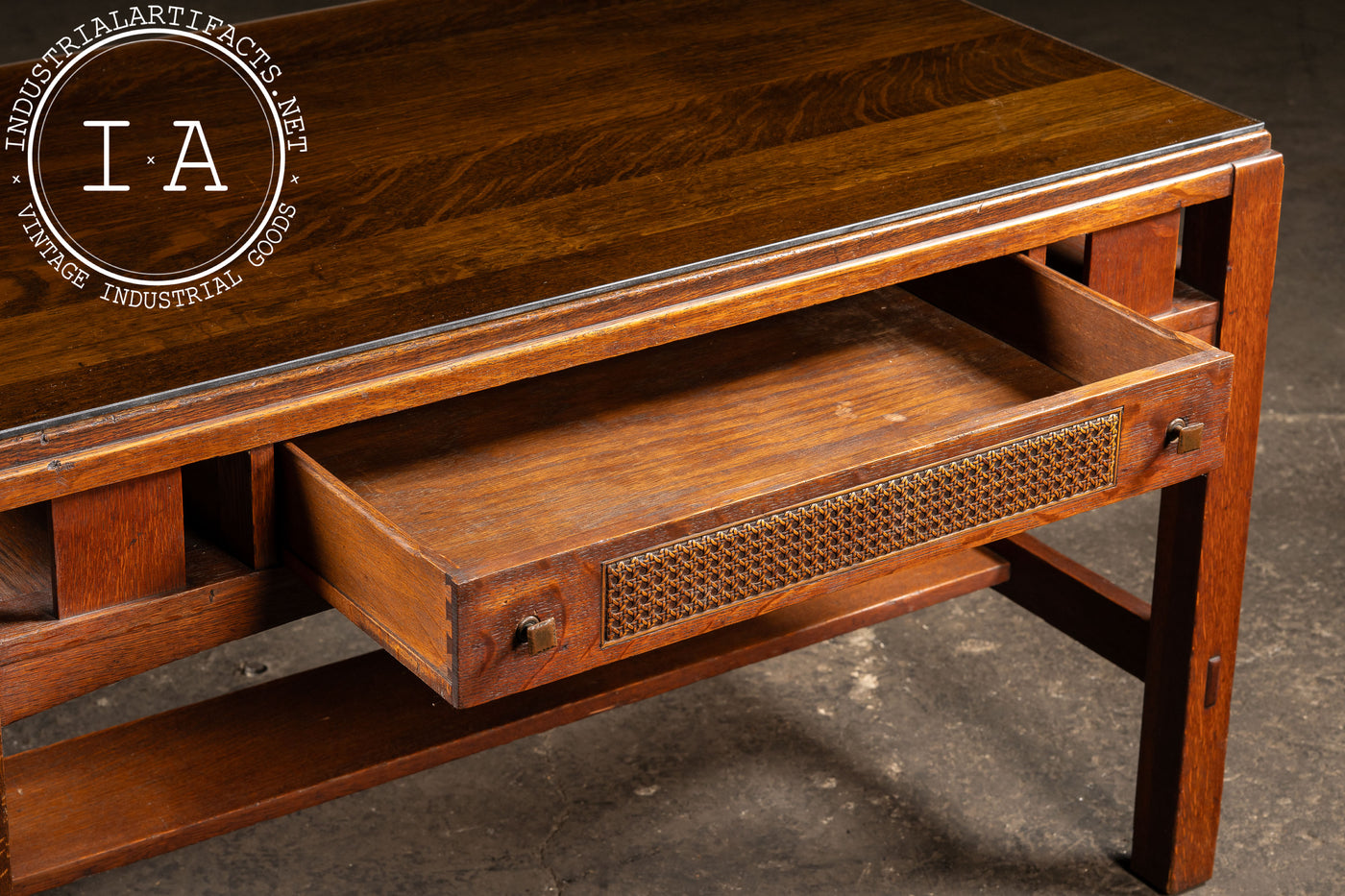 Early 20th Arts & Crafts Oak Library Table with Glass Top by Limbert