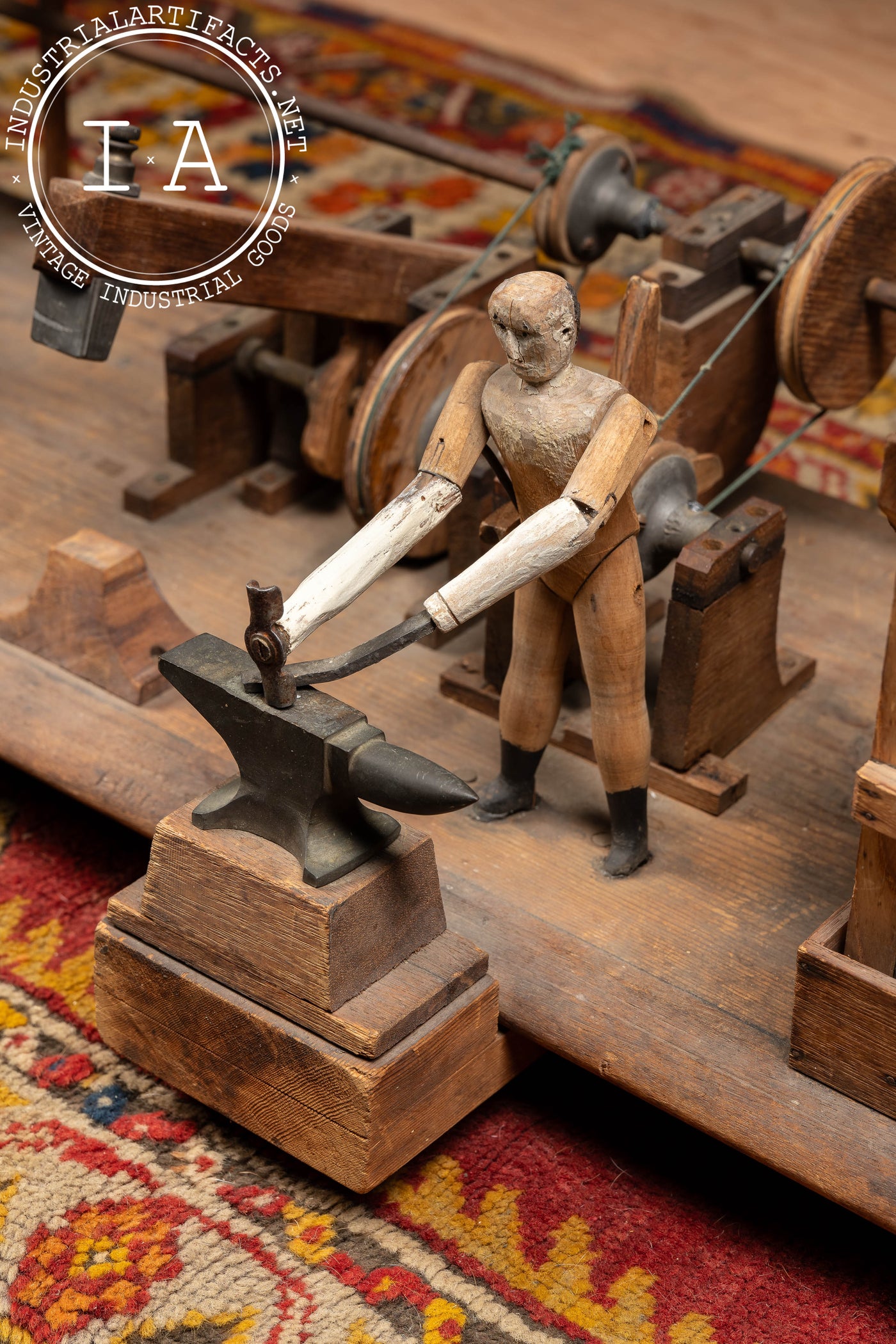 Antique Hand-Crank Mechanical Wooden Folk Art Blacksmith Model