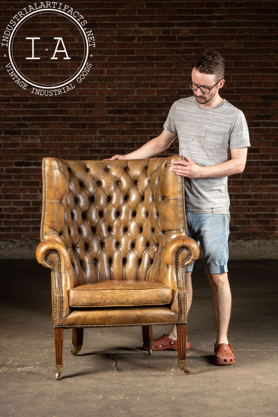 Mid-Century Leather High-Wingback Rolling Armchair In Brown