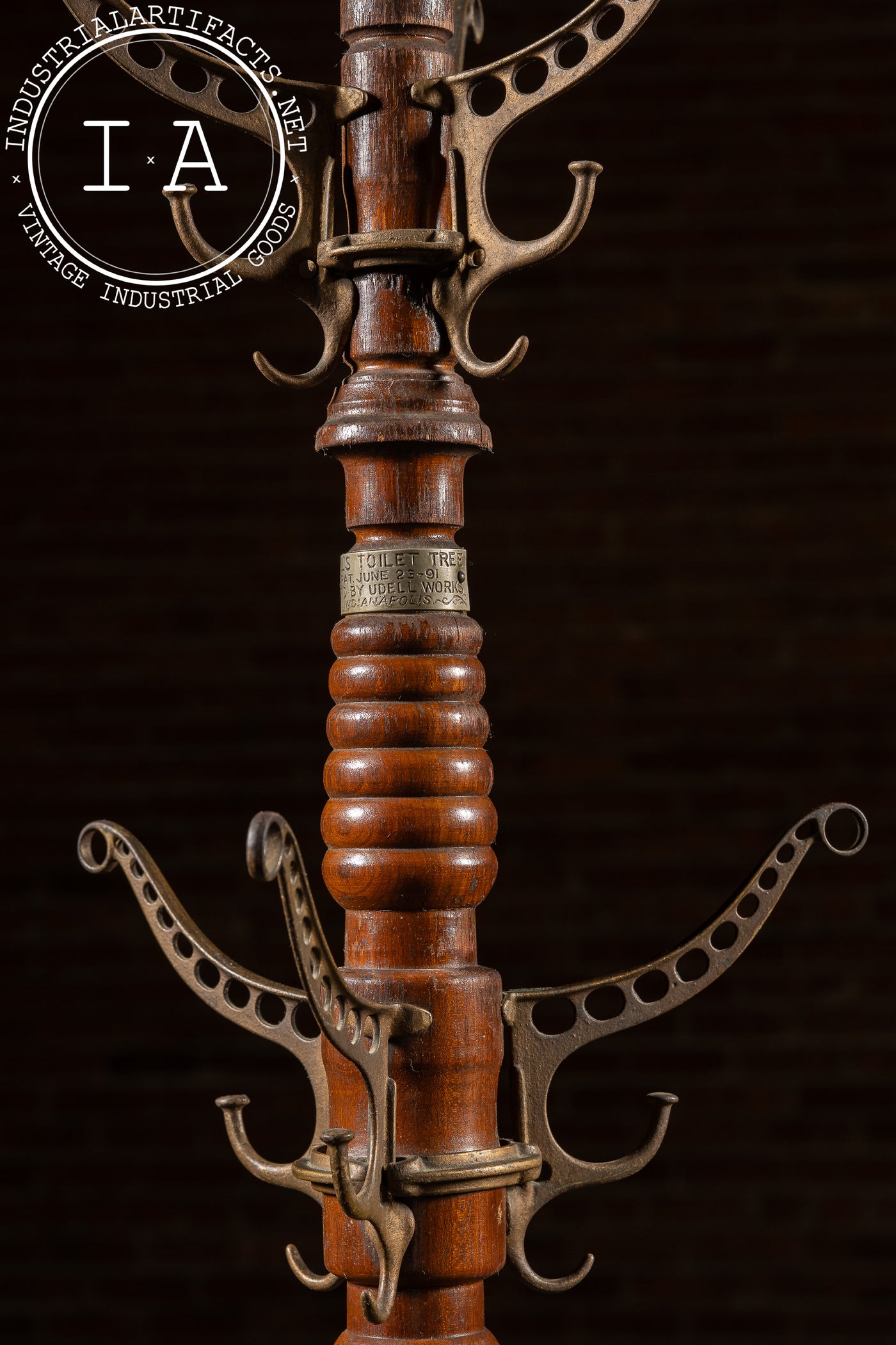 Late 19th Century Turned Oak and Cast Iron Coat Tree by Udell Works