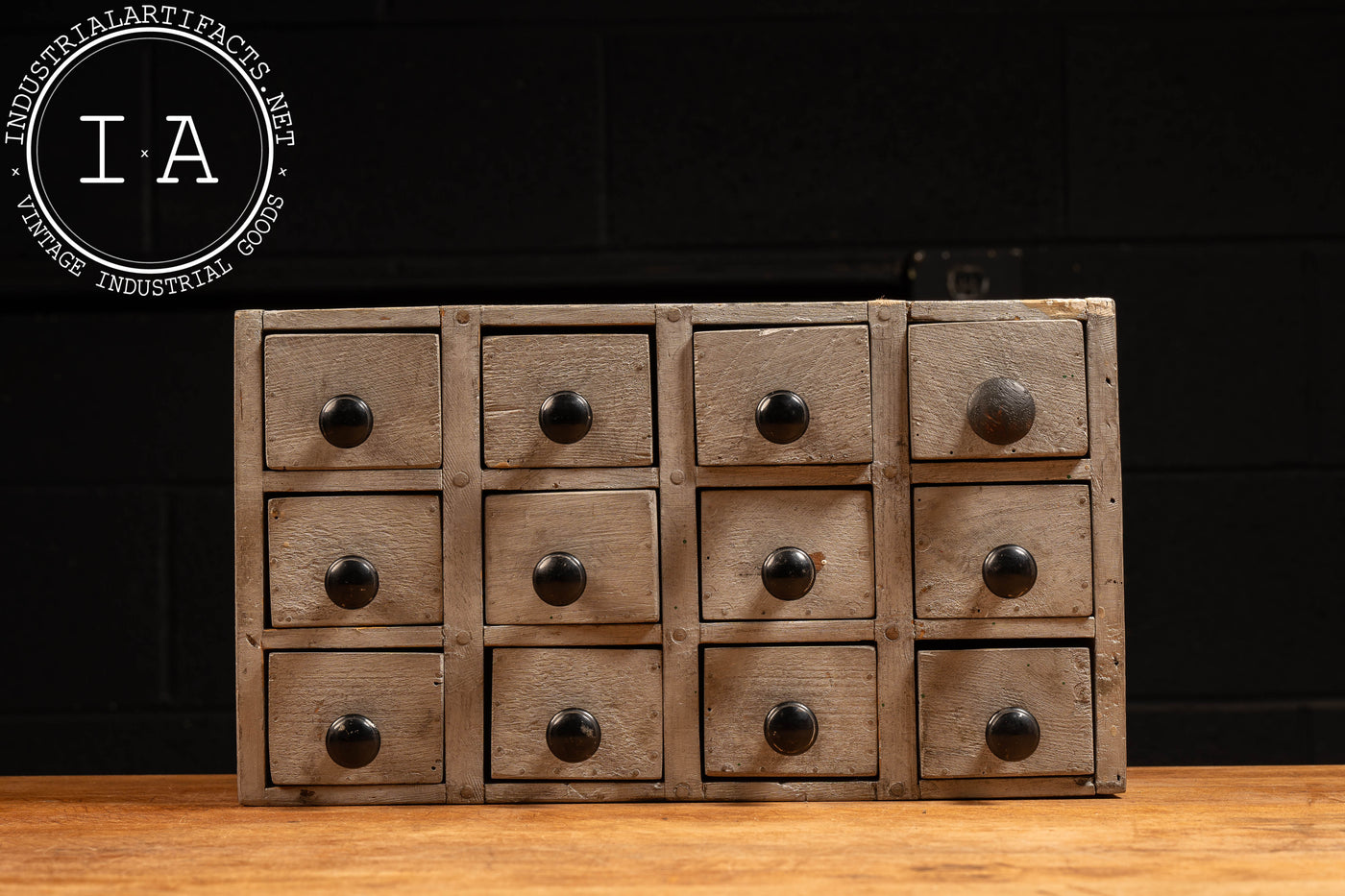 Vintage Handmade Wooden Parts Cabinet In Grey