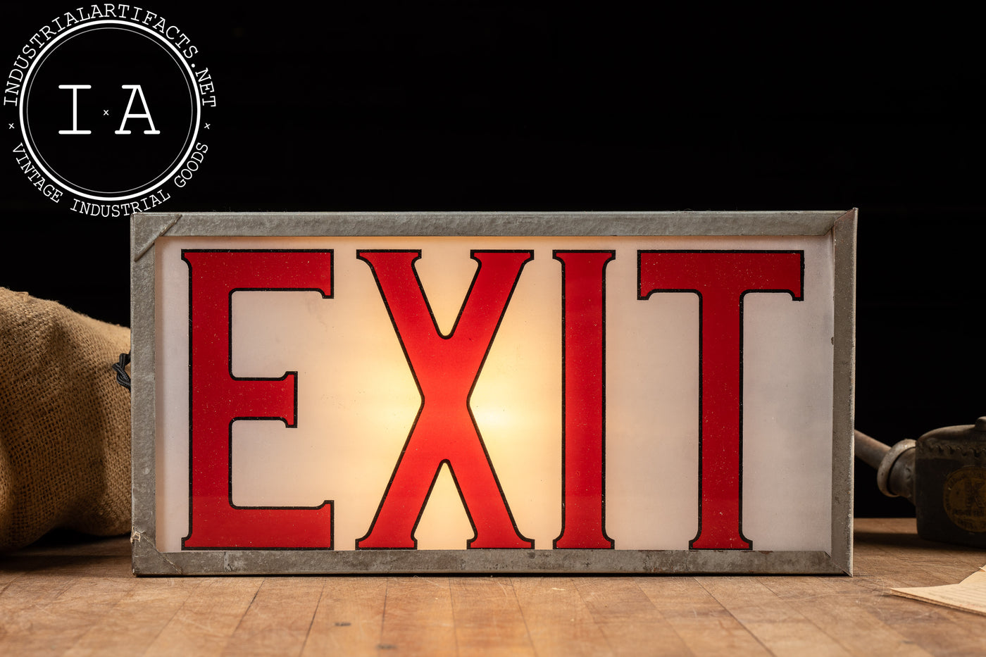 Vintage Lighted Exit Sign With White Glass