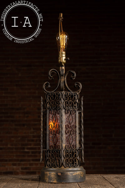 Vintage Spanish Revival Wrought Iron Table Lamp with Mica Shade Panels