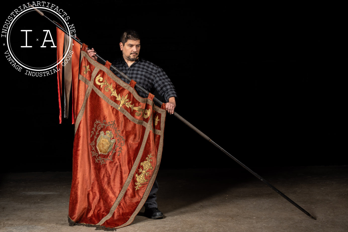 Antique Ceremonial English Silk Heraldic Flag with Spear Mount