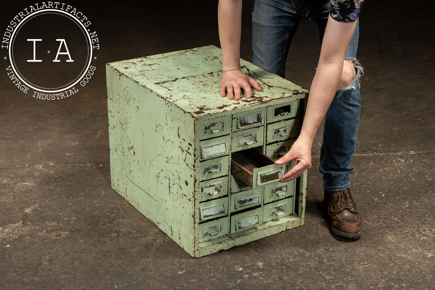 Vintage Industrial Chippy Steel Cabinet in Mint Green