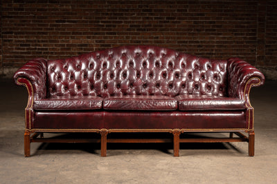 Vintage Chippendale-Style Camelback Chesterfield Leather Sofa in Oxblood