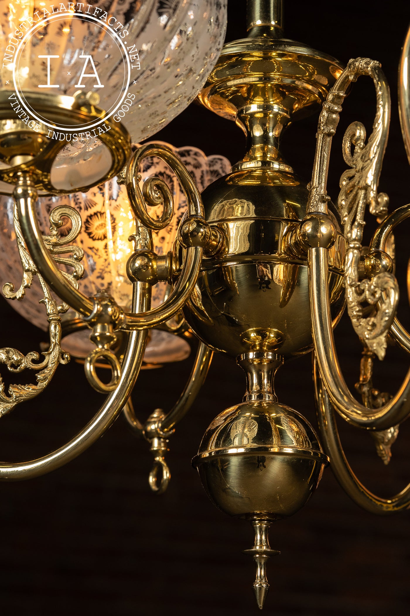 Vintage Brass Chandelier with Etched Glass Shades