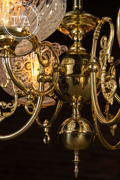 Vintage Brass Chandelier with Etched Glass Shades