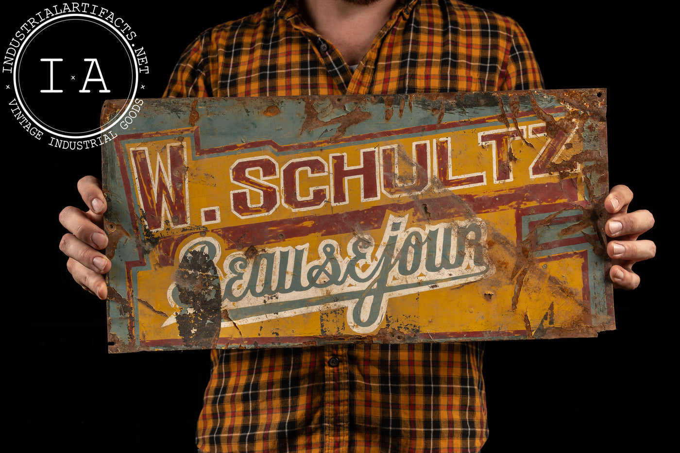 Antique Hand-Painted Tin Trade Sign – W. Schultz, Beausejour