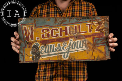 Antique Hand-Painted Tin Trade Sign – W. Schultz, Beausejour