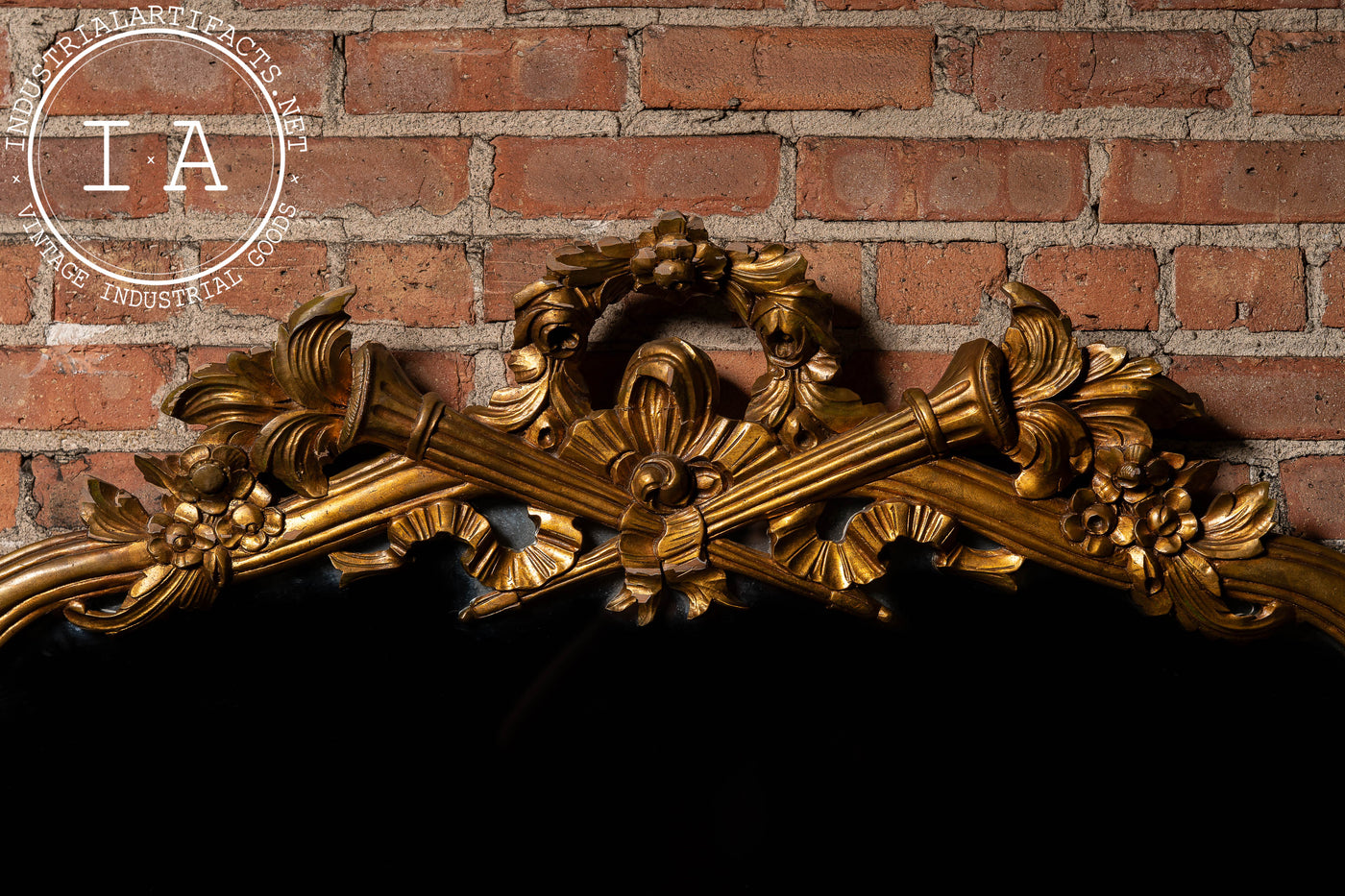 Antique Massive French Giltwood Mirror with Floral Crest