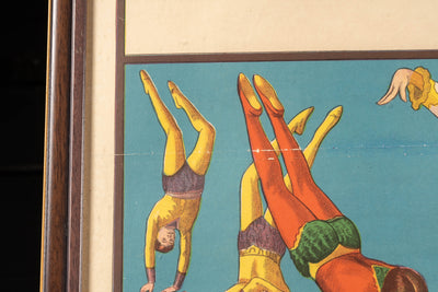 c. 1930 Acrobats on a Highwire Lithographic Print Framed