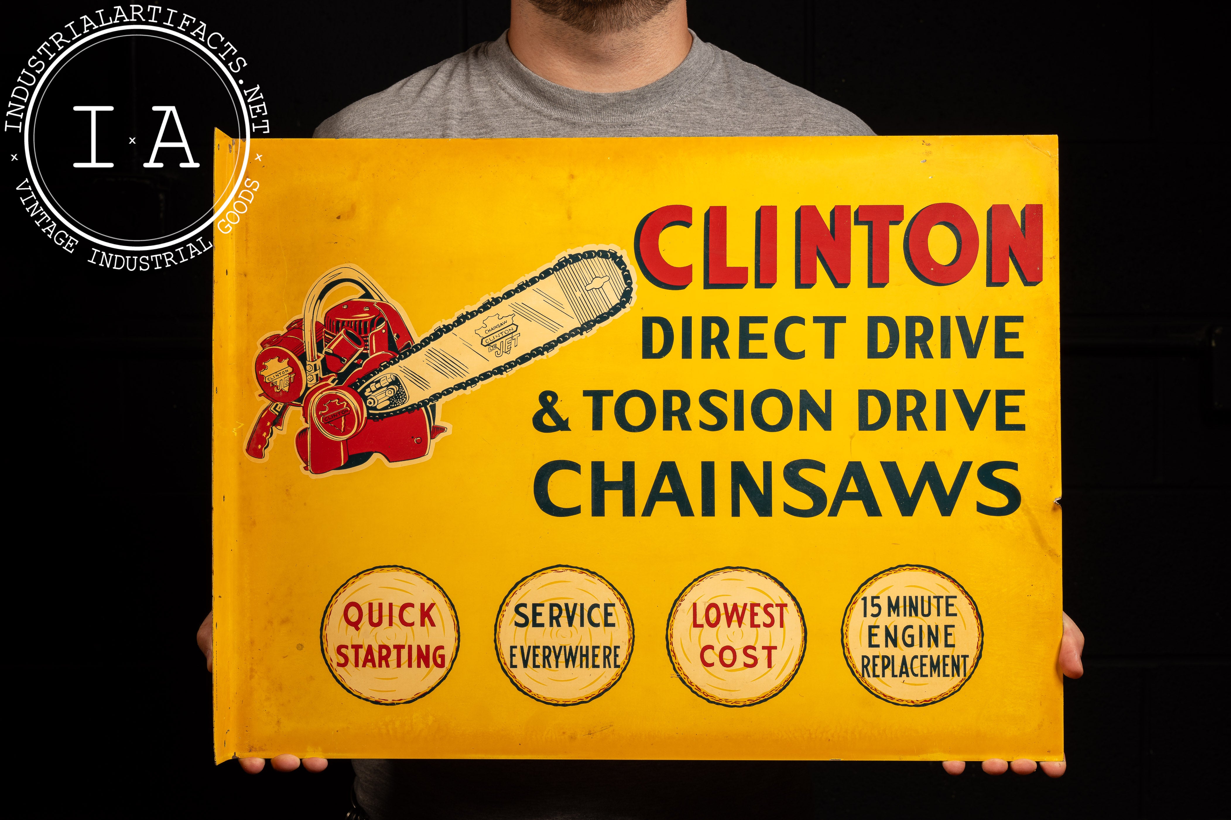 Clenton Sign Vintage Clinton Chainsaws Flange Advertising Sign – Industrial Artifacts