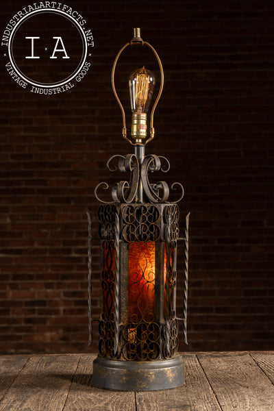 Vintage Spanish Revival Wrought Iron Table Lamp with Mica Shade Panels