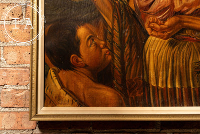 Two Women and Child | Framed Mexican Oil Painting
