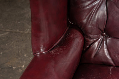 Tufted Leather Wingback Chesterfield Armchair with Ottoman in Oxblood