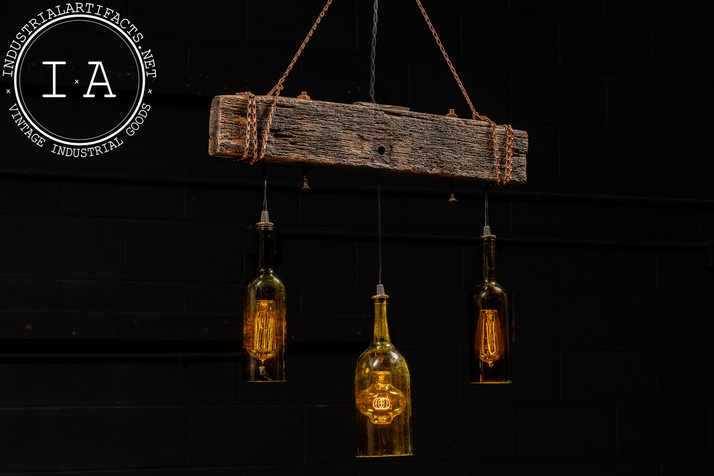 Reclaimed Bottle Chandelier with Rustic Beam Mount