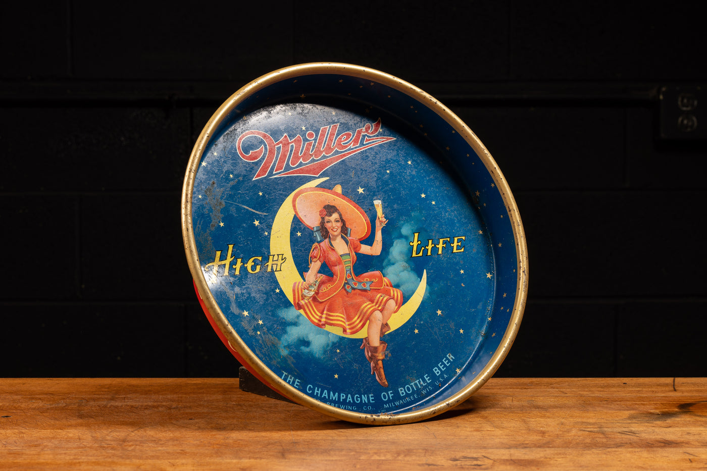 Vintage Tin Litho Miller "Girl on the Moon" High Life Tray