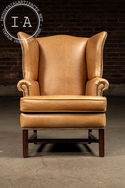 Vintage Leather Wingback Armchair With Ottoman in Tan