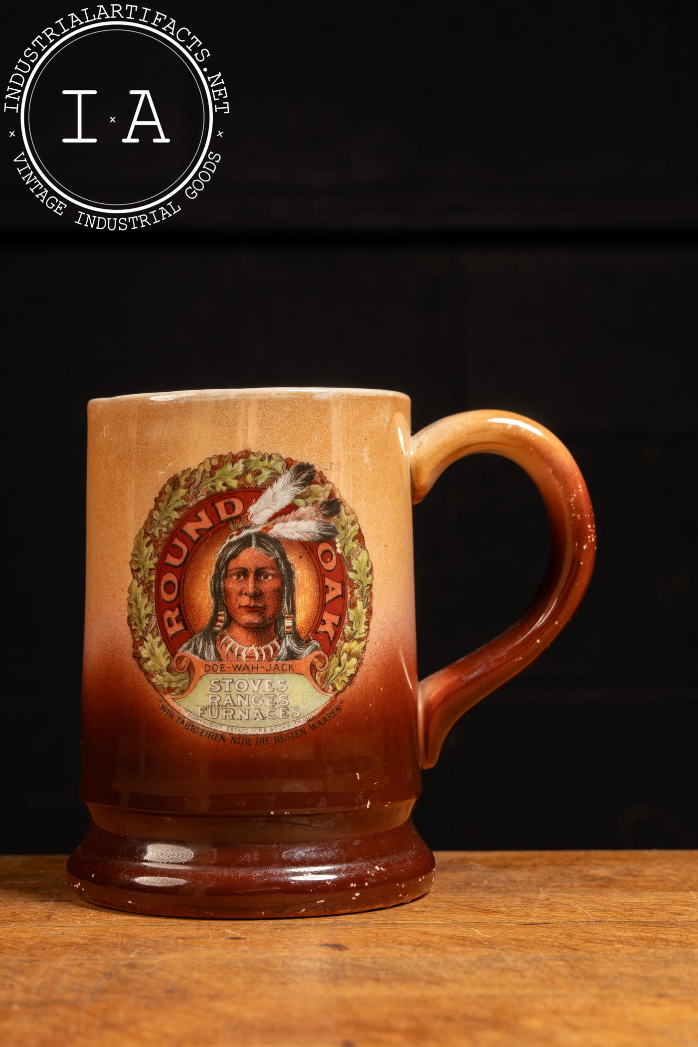 Early 20th Century Ceramic Round Oak Stoves Advertising Mug