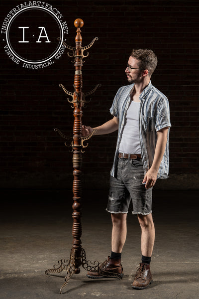Late 19th Century Turned Oak and Cast Iron Coat Tree by Udell Works