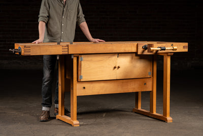 Mid-Century Maple Woodworking Bench with Dual Vises and Cabinet Storage