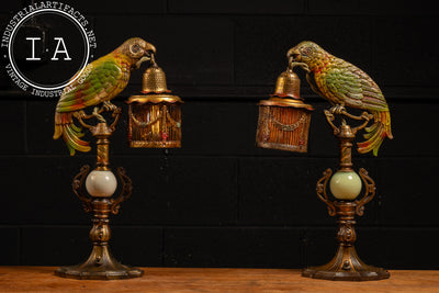 Pair of Antique Art Deco Cold-Painted Brass Parrot Lamps