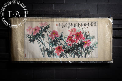 Asian Fabric and Paper Peonies Good Luck Scroll Art