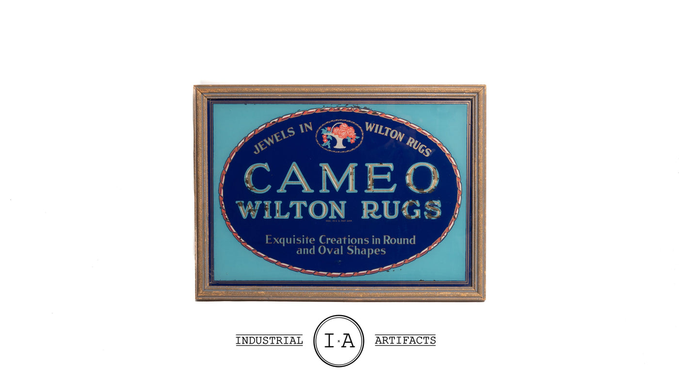 Early 1900s Cameo Wilton Rugs Glass Sign