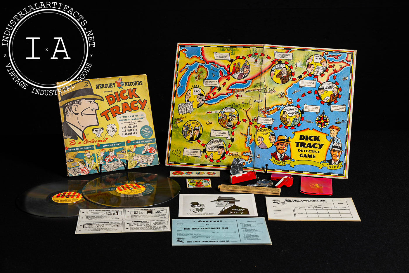 Dick Tracy Collectibles Lot - Crimestoppers Kit, Detective Game, and Vinyls