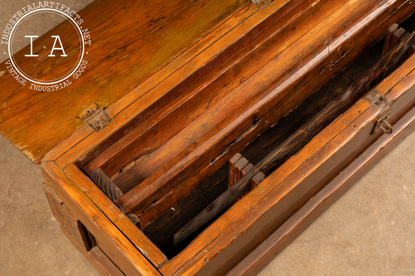 Antique Oak Tool Chest With Painted Saw